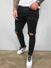 Men Ripped Jeans Skinny High Street Style Elasticity Slim Frayed Casual Black Blue Gyms Jogger Track Knee Hole Denim G0104