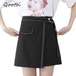 Qooth Black O-Ring Belt Detail Skirt Solid Faldas Back Zipper Skirt Autumn Skirts Women Office Ladies Work Skirt QH1448 210518