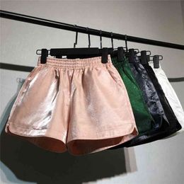 Spring Elastic High Waist Shorts Women Casual Streetwear Bright Silk Mini Poket Sexy Mujer Wide Leg Summer 210722