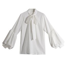 Women White Khaki Lace Up Bow Stand Collar Puff Sleeve Blouse Shirt Solid B0145 210514