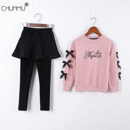 Autumn Teens Girls Clothes Cotton Bow Embroidery ToP Pants Outfit Suit Kids Tracksuit For Girls Clothing Sets Children Clothing X0902