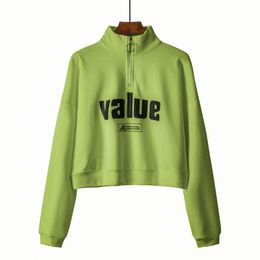 Women Sweatshirts Stand Collar Zipper Short Cropped Thin Letter Print Green Navy Pink Yellow White Gray H0104 210514