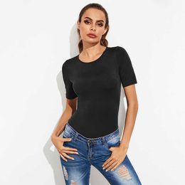 Sommer Skinny Bodysuit Frauen Oansatz 2/1 Kurzarm Einfarbig Slim Sexy Casual Büro Dame Streetwear Bottoming Shirt 210608