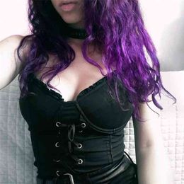 Sexy Lace up Bandage Crop Top Women Gothic Black Spaghetti Strap Sleeveless Tank Night Clubwear Summer Woman Camis 210603