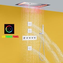 Thermostatic Shower System Set 14 X 20 Inch Multi Function Bathroom Head Atomizing Rain & LED Panel Chrome Brass