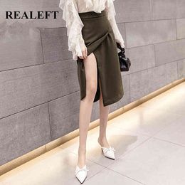 Summer Side Spilt Skirt Elegant Korean Style High Waist Lace Patchwork Wrap Work Wear Office Ladies A-Line Skirts 210428