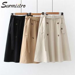 SURMIITRO Spring Summer Skirt Women Korean Style Button Sun School Knee Length High Waist Midi Skirt Female With Belt 210712