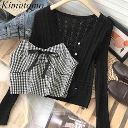 Kimutomo Elegant Suit Women Colour Contrast Lace Up Plaid Sleeveless Sling + Long Sleeve V-neck Breasted Black Cardigan Thin 210521