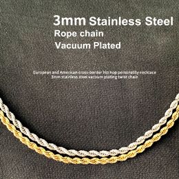 Men's Twist Chain Rapper's Chain 3mm Gold Silver Colour Stainless steel Rope Link Necklace Hip hop Jewellery For Women