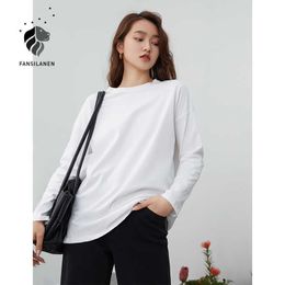 FANSILANEN Casual streetwear long sleeve white t-shirt Women loose spring summer black top tee Female soild oversized t shirt 210607