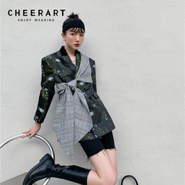 Fashion Designer Floral Blazer Women Patchwork Plaid Jacket Dark Green Ladies Shoulder Pad Korean Style 210427