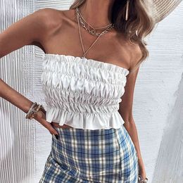 Solid White Off Shoulder Blouse Shirt Women Bodycon Ruched Vintage Crop Top Summer Sleeveless Fashion Blusas Mujer 210415