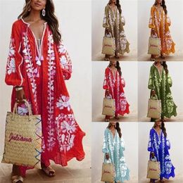 Woman Maxi DrBoho Print Lace Up Long Sleeve DrV-neck loose Fashion Bohemian Beach Vintage Ruffle Hem plus size 3XL 2020 X0621