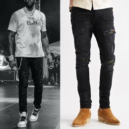 2022 новые мужские джинсы с молнией и отделкой Slim-Fit Whiskering Fading Distressed Vintage Biker Skinny Denim Pants Male