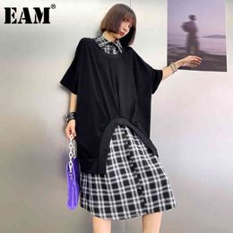 [EAM] Women Black Plaid Contrast Color Big Size Dress Round Neck Half Sleeve Loose Fit Fashion Spring Summer 1DD7932 21512