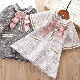 Girls Bow Tie Princess Dresses Kids Spring Autumn Plaid for Baby Clothes 2-7Y E9019 210610