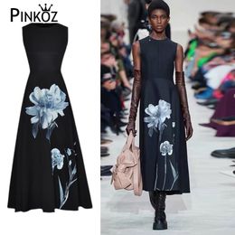 runway designer celebrity style summer chic black flower printed A-line sleeveless party dinner dresses robe vestidos 210421