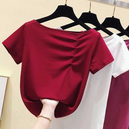 T shirt Women Tops Summer Short Sleeve Tshirt Cotton Korean Style Fold T-shirt Women Clothes Slim Tee Shirt Femme 210604