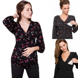 Maternity Breast-Feeding Nursing Tops T-Printing Cross Long Sleeve V-Neck Shirt Clothing Pregnancy Autumn Wear 20220308 Q2