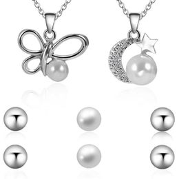 Earrings & Necklace Korean Simple Butterfly Moon Star Inlaid Pearl Ear Stud Women's Jewellery Sets Animal Necklaces Pendants Cute