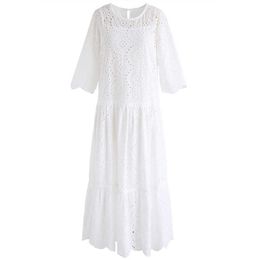 PERHAPS U White Lace Hollow Out O Neck Short Sleeve Loose Midi Dress Mid Calf Elegant Summer D0451 210529