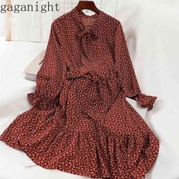 Gaganight Vintage Flower Casual Loose Women Maxi Dress Long Sleeve Bow Collar Korean Fashion Dresses Female Spring Vestidos 210519