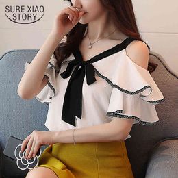 Fashion Women Blouses Short Sleeve Chiffon Woman's Blouse Sexy Off Shoulder Top V-neck Women's Clothing Blusas D598 30 210508