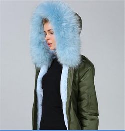 high quality light blue raccoon furs trim hoody women snow parka Meifeng brand rabbit fur lined army green bomber nylon jacket ykk zipper