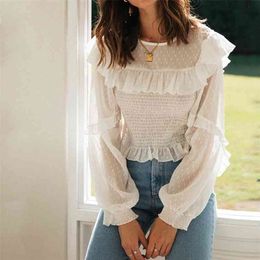 polka dot white lace blouse shirts women autumn winter sheer tulle sleeve shirt ruffle female top 210427