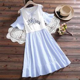 Japanese Mori Girl Summer Dress Women Off The Shoulder Short Sleeve Blue Striped Dresses Female Kawaii Sweet Vestidos 210520