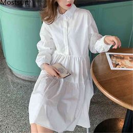 Solid Fashion Women Shirt Dress Full Sleeve Single-breasted A-line Pleated Dresses Elegant Ladies Korean Loose Vestidos 210513