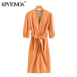 Women Chic Fashion With Belt Faux Leather Pleated Midi Dress Vintage Puff Sleeve Button-up Female Dresses Vestidos 210416