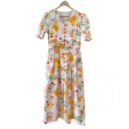 Women Fruit Print Midi Dress V Neck Single-breasted Lantern Sleeve Empire Elegant Yellow Summer D1613 210514