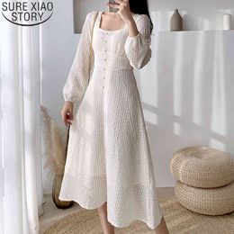 Vintage Long French Square Collar Puff Sleeve Dresses Women High Waist Apricot Dress with Zipper Sweet Vestidos 12917 210417
