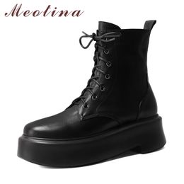 Ankle Boots Women Shoes Real Leather Flats Platform Short Zip Cross Tied Punk Motorcycle Autumn Winter Black 210517