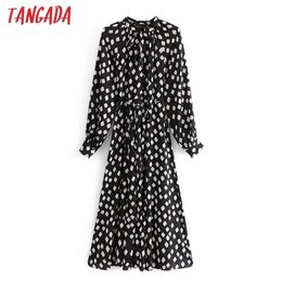 Tangada Spring Fashion Women Geometry Print Bow Tie Shirt Dress Long Sleeve Office Ladies Midi Dress With Slash 3A61 210630