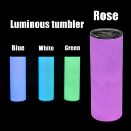 Sublimation Rose Glow Tumbler Luminous 20oz Straight Cup Rubber pieces Metal Straw Stainless Steel Coffee Mug Thermal Transfer Water Bottle A02