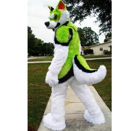 Halloween Long Fur Green White Husky Dog Mascot Costume High quality Cartoon Anime theme character Adults Size Christmas Carnival Birthday Party Outdoor Outfit