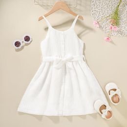 Girls White Braces Dresses with Waistband Summer 2021 Kids Boutique Clothing Korean 1-5T Children Sleeveless Princess Dress