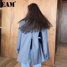 [EAM] Women Grey Back Zipper Big Size Blazer Lapel Long Sleeve Loose Fit Jacket Fashion Spring Autumn 1DD6471 21512