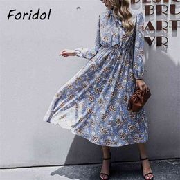 Vintage Long Sleeve Boho Floral Print Dress Spring Autumn Maxi Lady Elegant Vestidos French Women 210415
