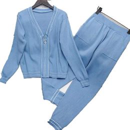 Women Casual Tracksuit Knitted Coat and Long Pants Suit 2020 Autumn New V-collar Zipper Up Cardigans +Trousers 2pcs Set Female Y0625