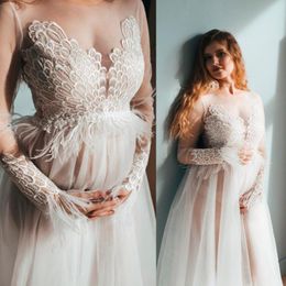 long see through jackets Australia - Wraps & Jackets See Through Feathers Maternity Dresses Lace Appliques Long Sleeves Nightgown Pography Pregnancy Women Button Back