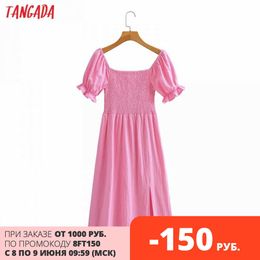 Tangada Summer Women Pink Print French Style Vintage Dress Puff Short Sleeve Ladies Sundress SY247 210609