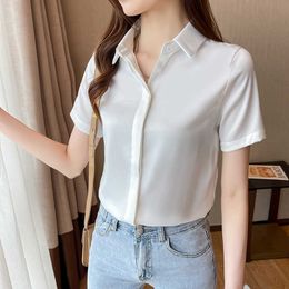 Women's Blouse Summer Buttoned s for Women Solid Satin Shirts Clothing White Polo Neck Short Sleeve OL 210604