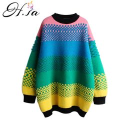 H.SA Femme Hiver Women Korean Style Oversize Stripe Pullover and Jumpers Pink Rainbow Pull Sweaters 210417