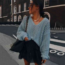Foridol knitted blue pullovers sweater female vintage solid v neck sweater jumper autumn winter tops casual Cosy sweater 210415