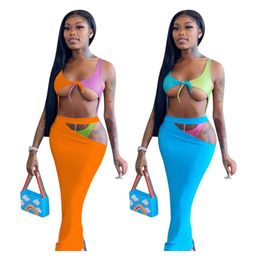 Wholesale Women Dress Suits Summer Sexy One-piece Swimwear+bodycon Skirt Hollow out Beach Wear Matching Set Casual Bikini+Skirts Suit 6963