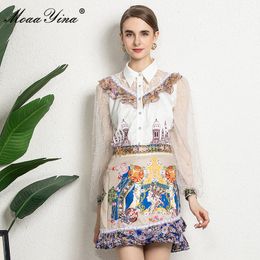 Fashion Runway Summer print Skirts Suit Women White Long sleeve Shirt and High waist Vintage Mini 2 Pieces 210524