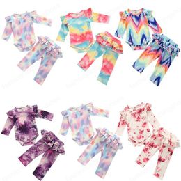 Infant Kid Baby Girl's Long Sleeve Tie-dyed Set Triangle Crotch Round Neck Top Bell Bottom Pants 2Pcs Clothes